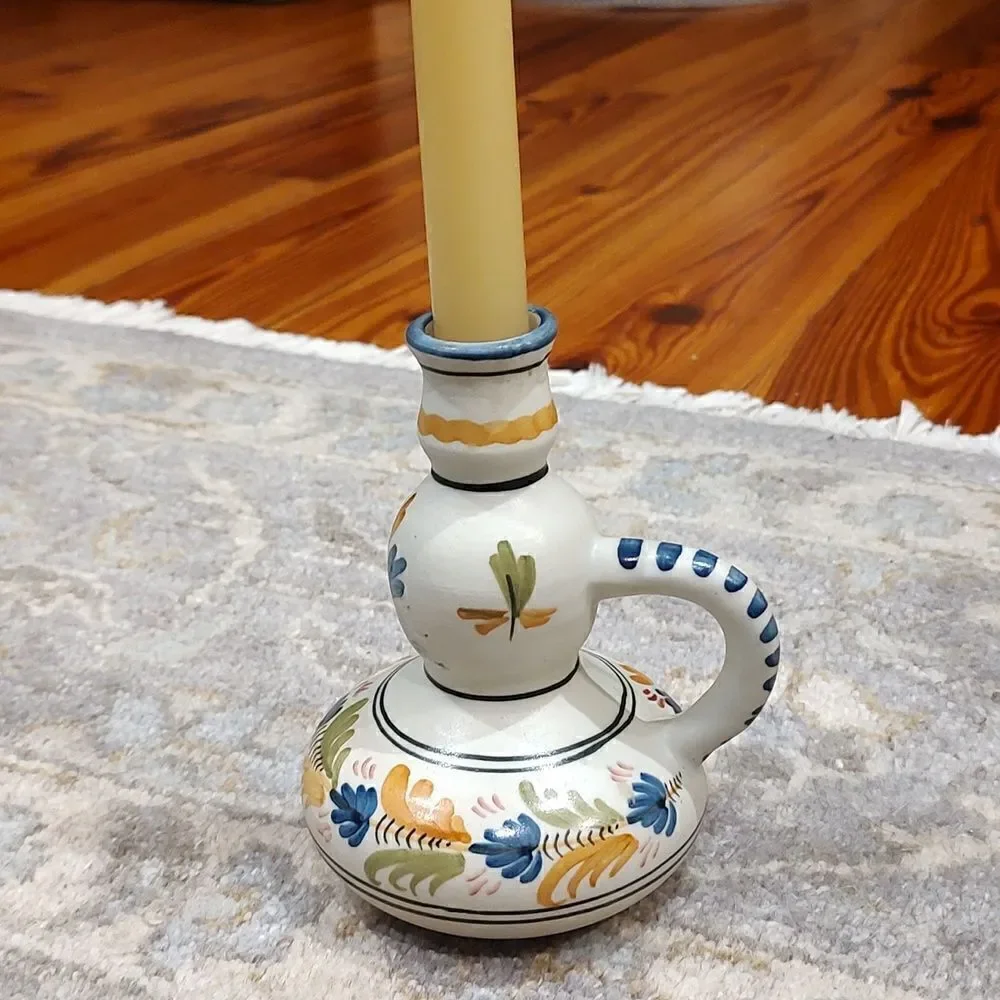 Talavera Pottery Hand Painted Floral Candlestick with Handle Vintage